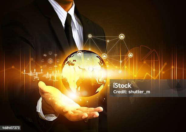 Business People Holding Social Network With Globe Stock Photo - Download Image Now - Adult, Business, Business Person