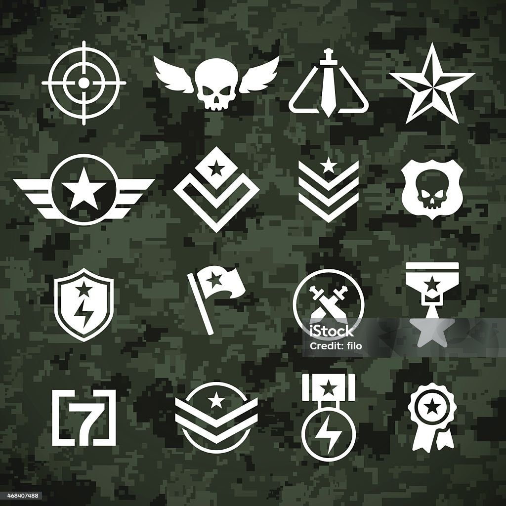 Military Symbols and Camoflage Pattern Modern military camoflage pattern and military army and combat symbols. Included is a reticle, crosshair, stars, ranks, ribbons and other symbols. EPS 10 file. Transparency effects used on highlight elements. Military stock vector
