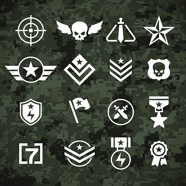 Military Symbols and Camoflage Pattern Modern military camoflage pattern and military army and combat symbols. Included is a reticle, crosshair, stars, ranks, ribbons and other symbols. EPS 10 file. Transparency effects used on highlight elements. veteran military army armed forces stock illustrations