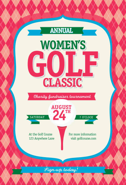 ilustraciones, imágenes clip art, dibujos animados e iconos de stock de rosa mujeres golf tournament invitación plantilla de diseño de fondo argyle - golf women pink ball