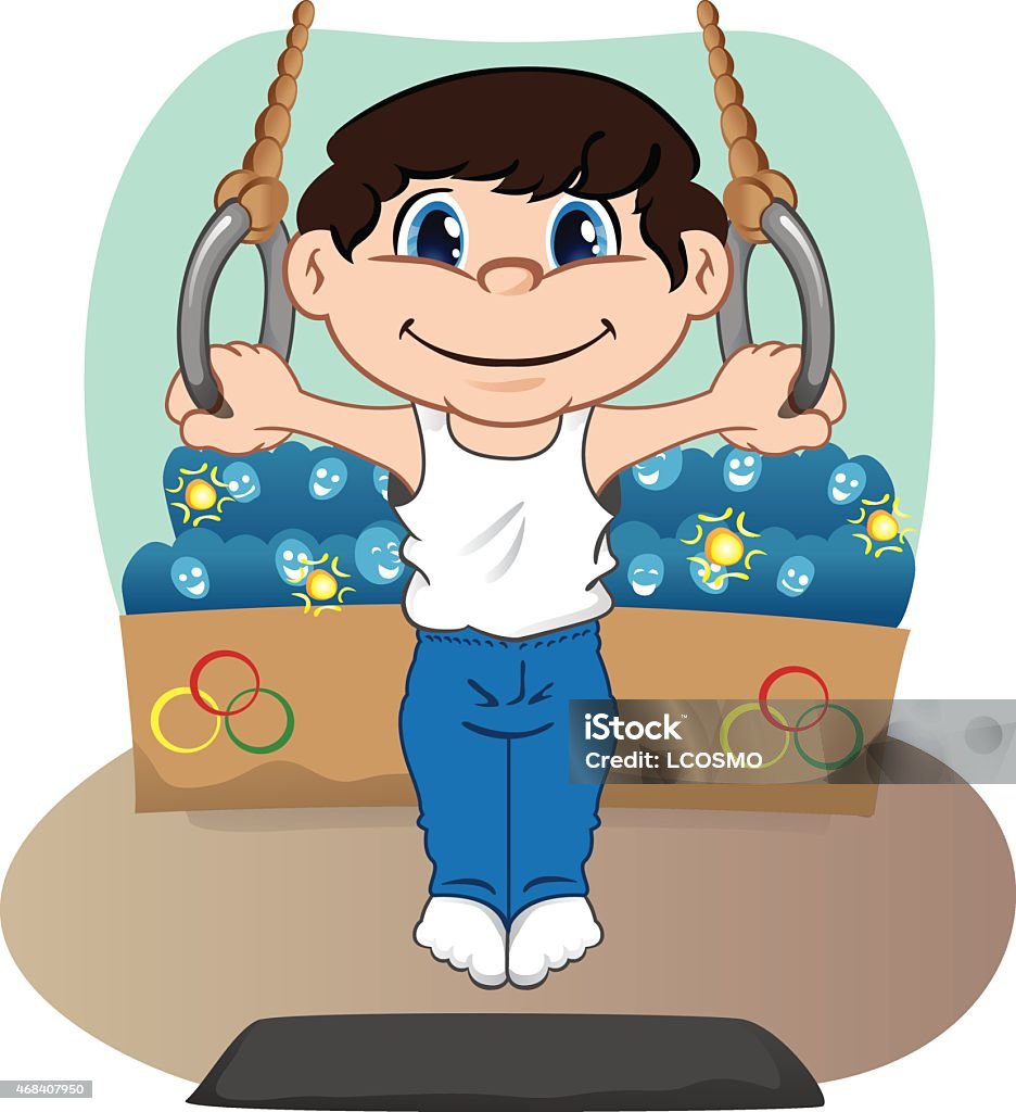 Niño atleta haciendo gimnasia artística de los anillos - arte vectorial de 2015 libre de derechos