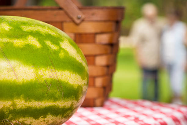 料理：ウォーターメロンのピクニックテーブルを備えております。年配のカップルが背景です。 - picnic watermelon tablecloth picnic table ストックフォトと画像