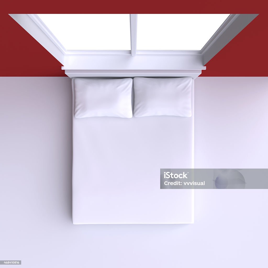 Bed with pillows and  in the corner room with window. Bed with pillows and  in the corner room with window, 3d illustration. Top view. 2015 Stock Photo