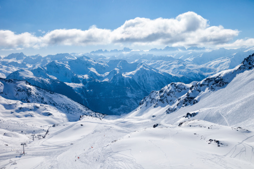 Ski slopes in the French Alps, plenty of snow. Val Thorens, Les 3 Vallees, France