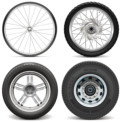 Vector Tires for Bicycle Motorcycle Car and Truck isolated on white background