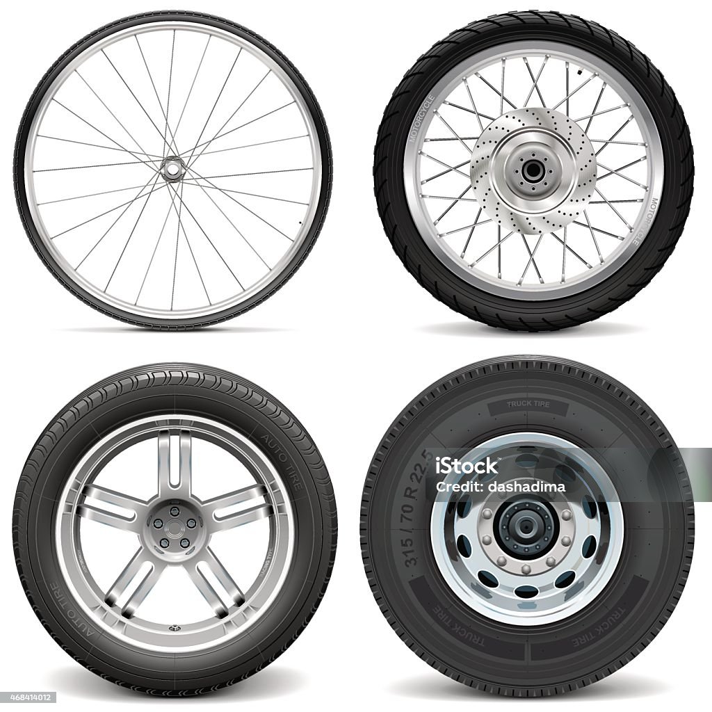 Vector Tires for Bicycle Motorcycle Car and Truck Vector Tires for Bicycle Motorcycle Car and Truck isolated on white background Wheel stock vector