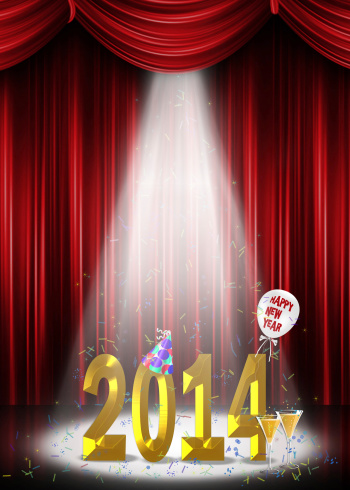 Red curtains with light beams for 2014 new year celebration.