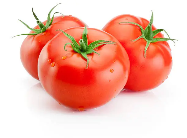 Photo of Three Juicy wet tomatoes isolated on white background