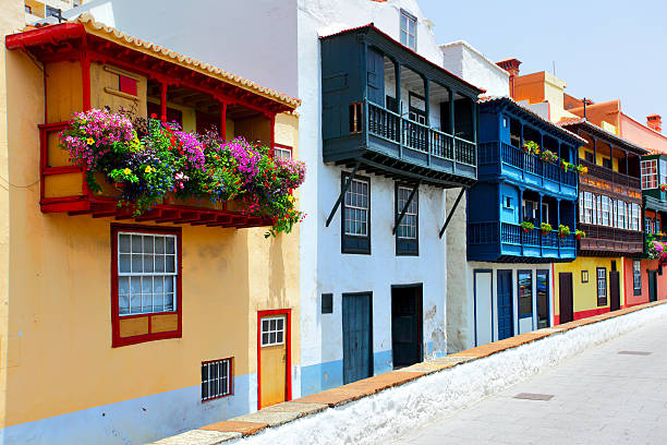 Colorful house with beautiful balcony in Santa Cruz de La Palma old town on La Palma island in Spain