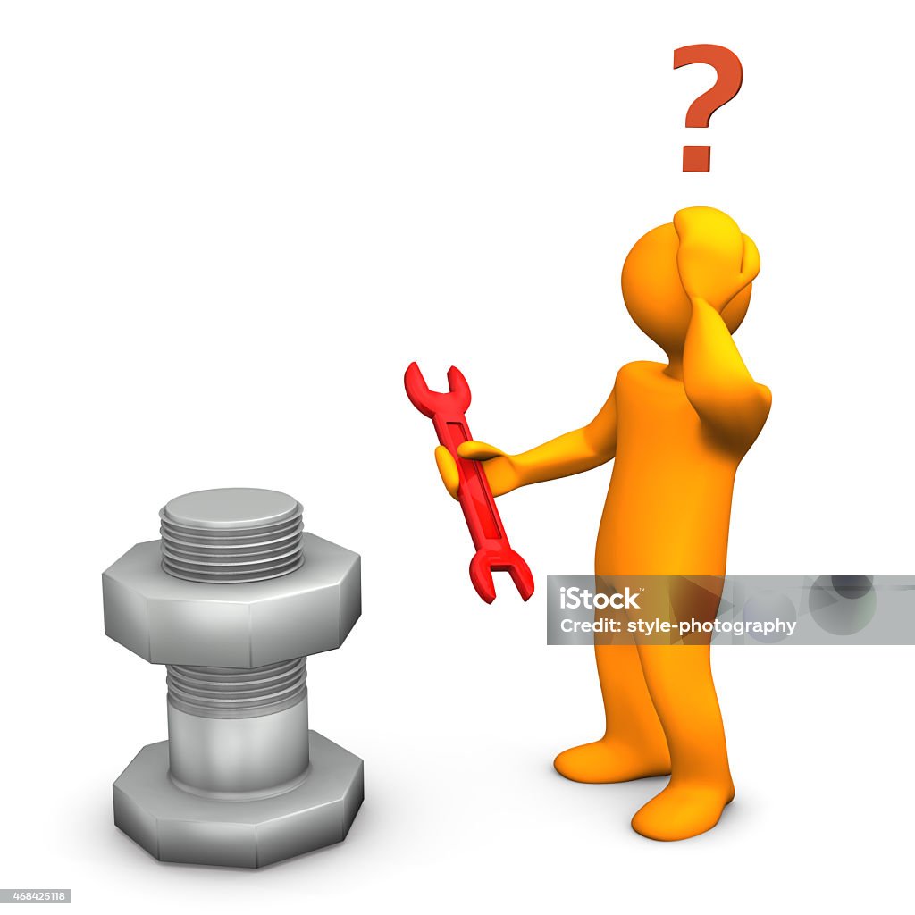 Wrong Tool Orange cartoon character with bold, nut and wrong spanner. Bolt - Fastener Stock Photo