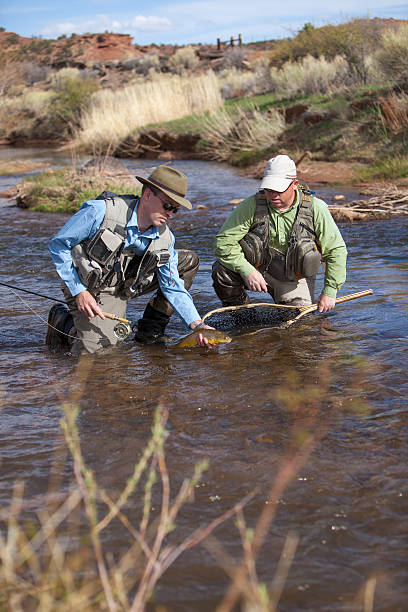 istock Guide helps land a trout while fishing on a river 468425920