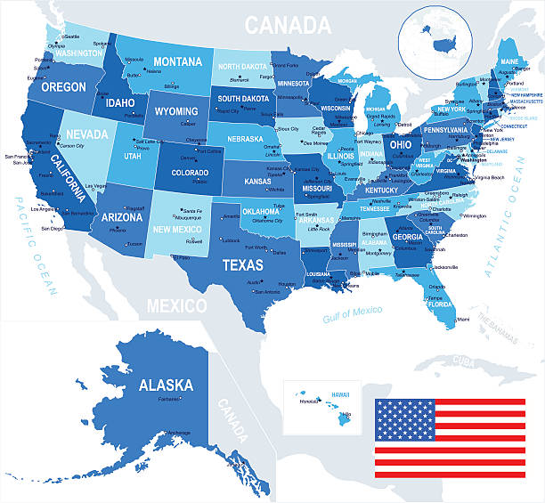 united states (usa) - map and flag - illustration - 錯綜複雜 幅插畫檔、美工圖案、卡通及圖標