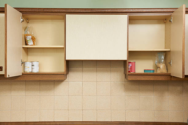 Empty Kitchen Cupboards Concept image to illustrate harsh economic times cupboard stock pictures, royalty-free photos & images