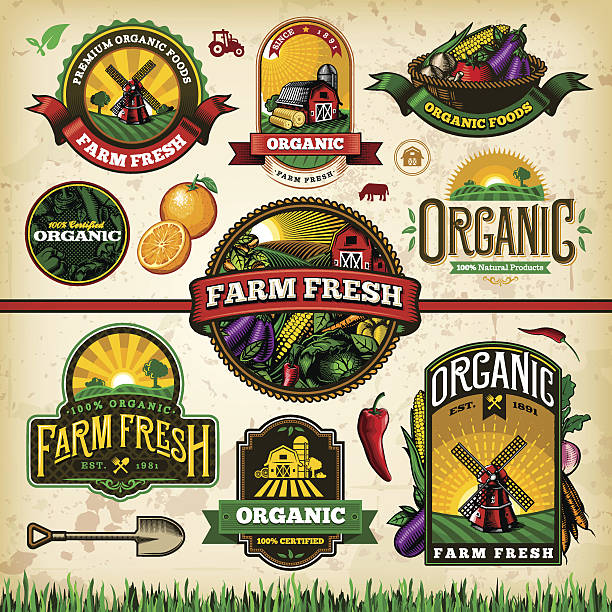 Organic Farm Fresh Label Set 2 A collection of organic farm fresh labels, badges and illustrations. EPS 10 file, layered & grouped, with meshes and transparencies (shadows & overall effects only). freshness illustrations stock illustrations