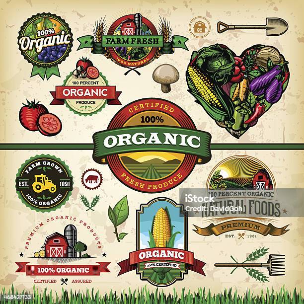 Organic Farm Fresh Label Set 1 Stock Illustration - Download Image Now - Retro Style, Farm, Heart Shape