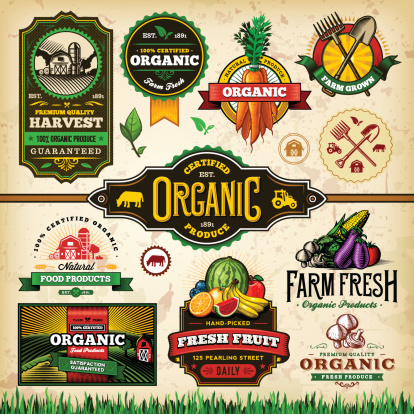 A collection of organic farm fresh labels, badges and illustrations. EPS 10 file, layered & grouped, with meshes and transparencies (shadows & overall effects only).