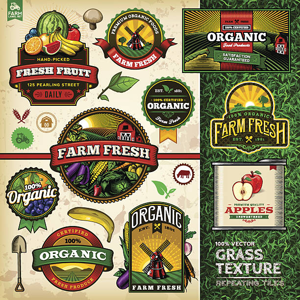 A collection of organic farm fresh labels, badges and illustrations. A tilable vector grass texture is included. EPS 10 file, layered & grouped, with meshes and transparencies (shadows & overall effects only).