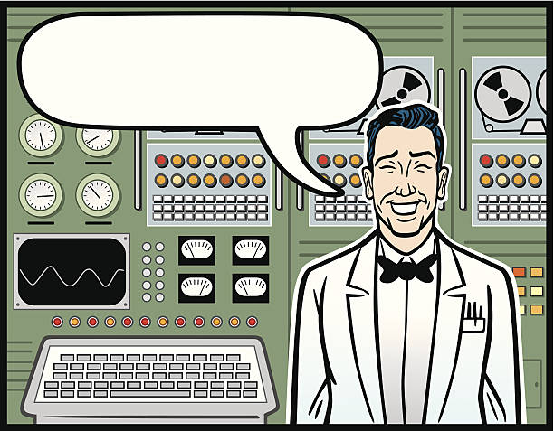 ilustrações, clipart, desenhos animados e ícones de cientista em pé na frente do computador vintage - men retro revival 1950s style comic book