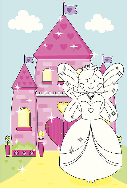 Fairy Princess With Fairytale Pink Sparkly Enchanted Palace Stock
