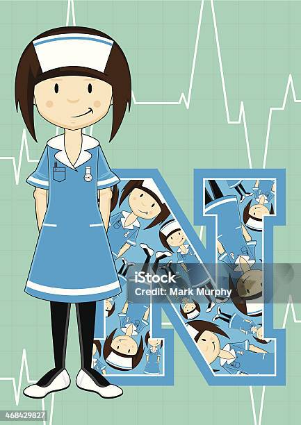 귀여운 어린 간호사 힐튼되기 알파벳 N 간호사에 대한 스톡 벡터 아트 및 기타 이미지 - 간호사, 갈색 머리, 건강관리와 의술