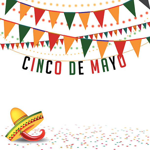 Cinco De Mayo bunting background EPS 10 vector Cinco De Mayo bunting background with flags, confetti, sombrero and hot pepper. EPS 10 vector Royalty free stock illustration for ads, marketing, poster, flyer, blog, article, social media, signage, web page, greeting card and more. No open shapes or paths, grouped for easy editing. confetti clipart stock illustrations