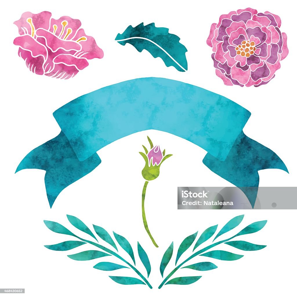 Flowers roses, leaves, ribbon Hand painted floral watercolor set, and ribbon. Flowers roses and leaves isolated on a white background. Art icon designs - vector artwork 2015 stock vector