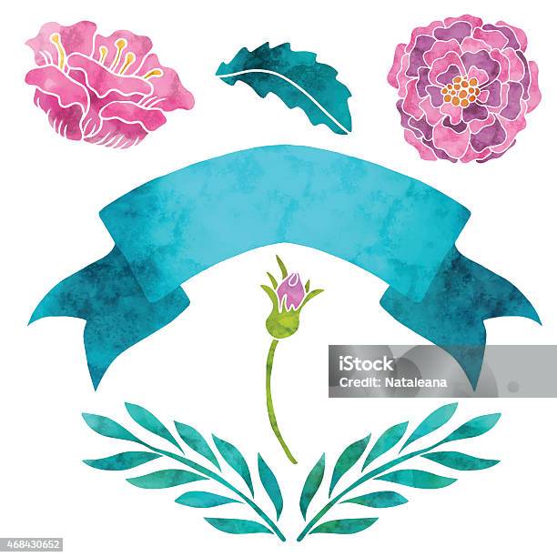 Flowers Roses Leaves Ribbon Stock Illustration - Download Image Now - 2015, Art, Art And Craft