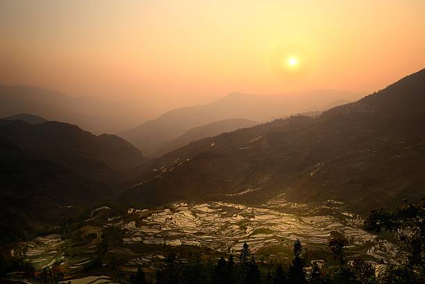 pôr do sol em campos com terraço 03 - agriculture artificial yunnan province china imagens e fotografias de stock
