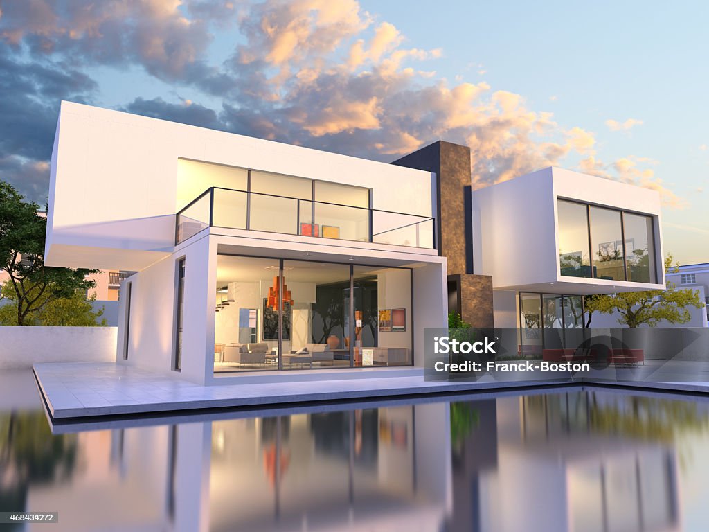 Luxurious original mansion 3D rendering of Impressive villa with pool, late afternoon Villa Stock Photo