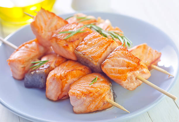salmon kebab stock photo
