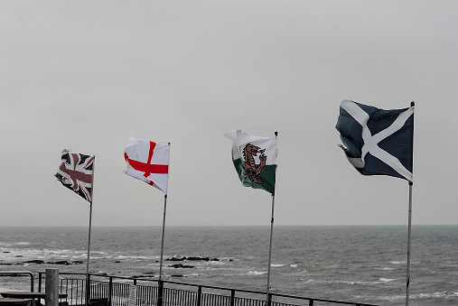 flags on a beach some greyed leaving the colour only on certain flags, shot on a overcast day hence the white skyflags on a beach some greyed leaving the colour only on certain flags, shot on a overcast day hence the white sky