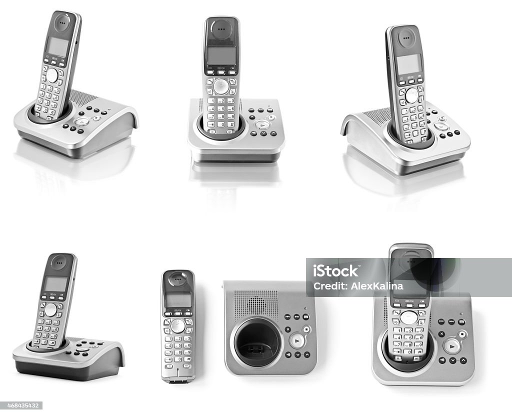 Collection of telephones isolated on white Collection of six office phones isolated on white Cordless Phone Stock Photo