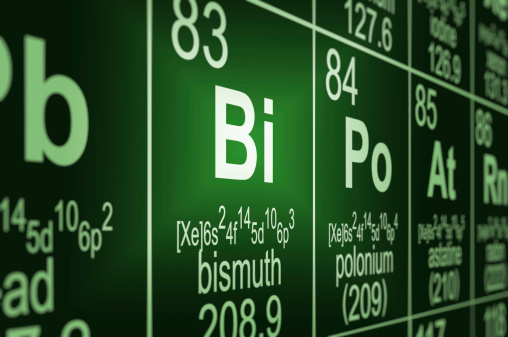 Detail of a partially blurred periodic table of the elements. Focus on bismuth