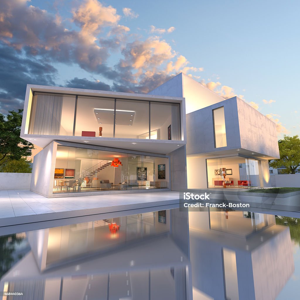 House cube deconstruction 3D rendering of Impressive villa with pool, late afternoon Modern Stock Photo