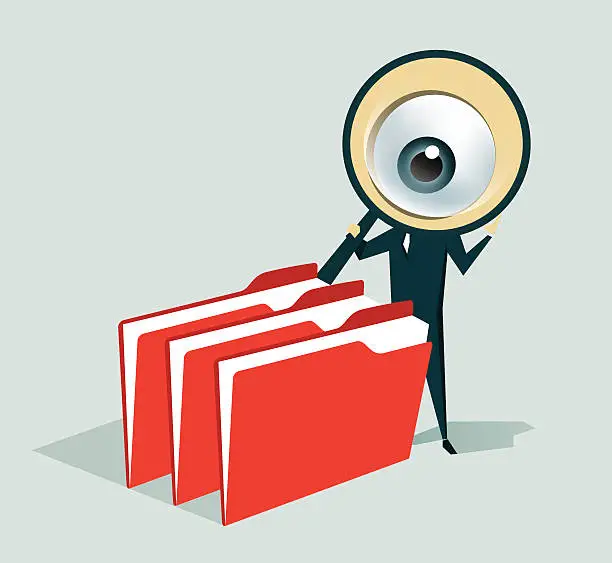 Vector illustration of Cartoon man with magnifying glass looking through folders