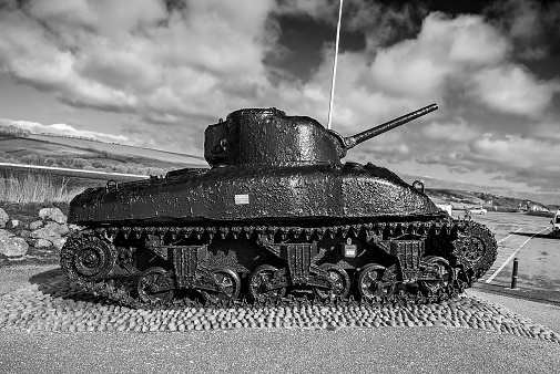 Slapton sands, Slapton, Devon, UK - 25 March 2015, Showing a world war 2 sherman tank, that was used during operation tiger before the D day landings.