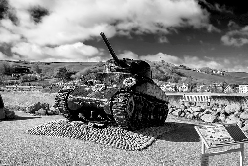 Slapton sands, Slapton, Devon, UK - 25 March 2015, Showing a world war 2 sherman tank, that was used during operation tiger before the D day landings.