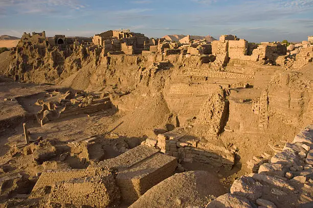 Elephantine Island near Aswan in Eygpt, 2008. Southern mound settlement with brick buildings made from former ancient settlements. The island was populated from 3000 BC until 300 AD. The view shows a complete view of settlements.