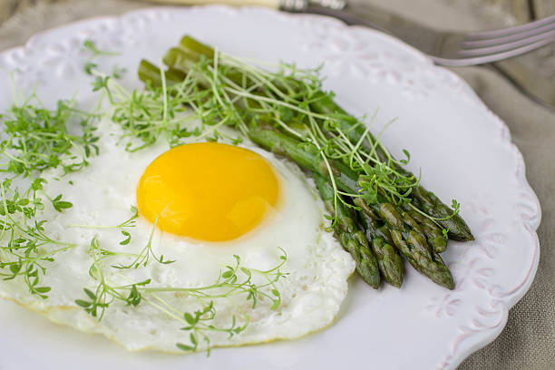 istock Breakfast of fried eggs, asparagus and watercress salad 468447464