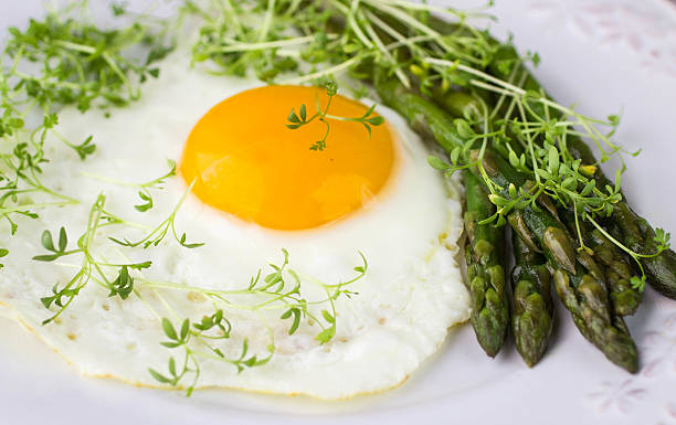 istock Breakfast of fried eggs, asparagus and watercress salad 468447634