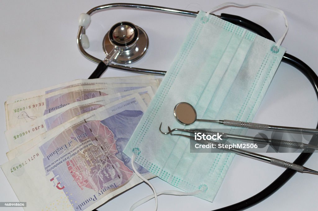 Money and healthcare Money and healthcare concept shot with British currency and medical tools 2015 Stock Photo