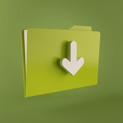 Green folder with white arrow in dark green background. 3D Rendering, Internet concept using white background and simple composition. Lighting with Vray