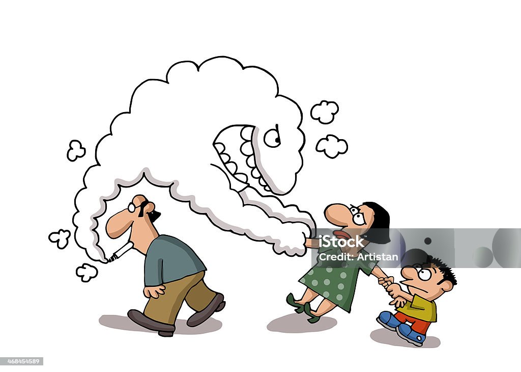 Passive smoking concept illustration Smoke comes out from a man's cigarette which pulls a lady Cartoon stock vector