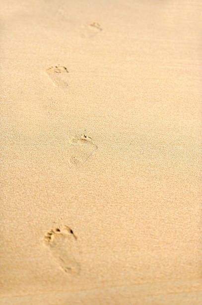 istock Human footprints on the beach sand leading away 468455937