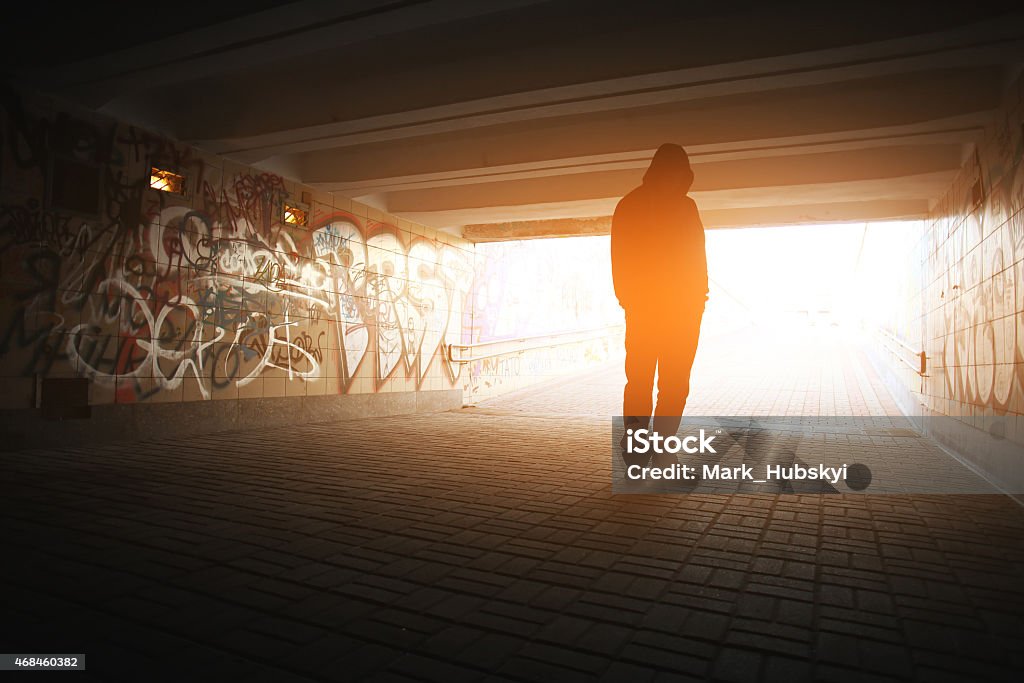 Loneliness Depression men in the tunnel Drug Abuse Stock Photo