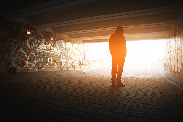 Loneliness Depression men in the tunnel drug abuse stock pictures, royalty-free photos & images