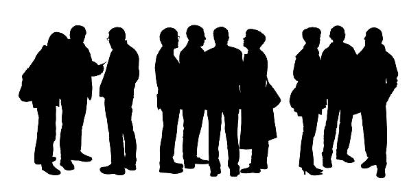 people talking to each other silhouettes set 5 black silhouettes of three groups of different senior people standing and talking to each other old ladies gossiping stock illustrations