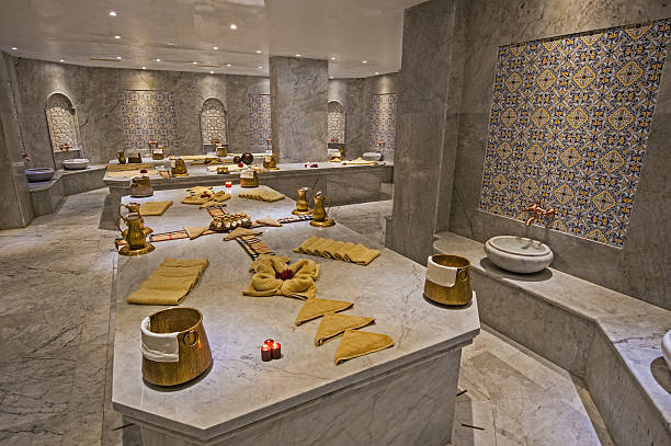 Interior of large turkish bath hammam in luxury health spa
