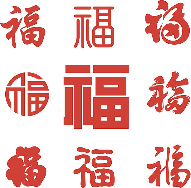 “Fu” character collection The character Fu (福) meaning "good fortune" or "happiness" is represented both as a Chinese ideograph. luck stock illustrations