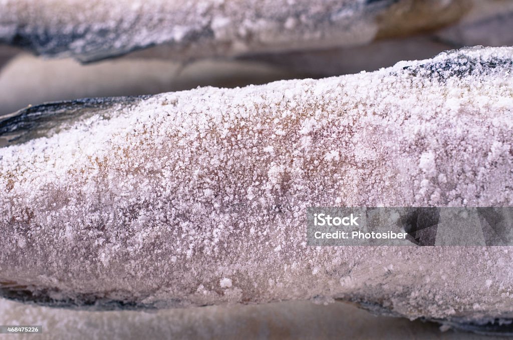 Frozen fish closeup Frozen fish in hoarfrost close-up of the refrigerator 2015 Stock Photo